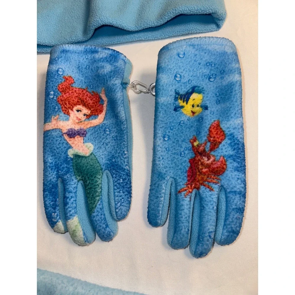 Disney Store Little Mermaid Ariel Fleece Hat Scarf Gloves Set Blue Kids SM VTG